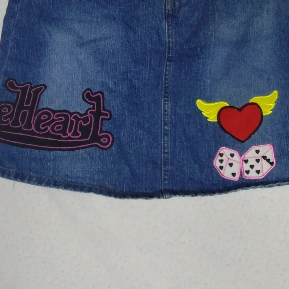 Blue Heart Jeans Denim Mini Skirt Y2K Heart Dice Painted Patches Womens  Size 16